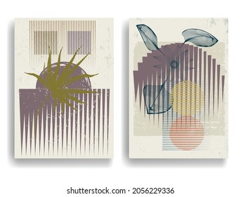 Modern background with minimalist design elements . Botanical art. Backgrounds in Boho style  . Wall art , home deco . Contemporary posters with leaves and geometric shapes .Vector abstract flyers.