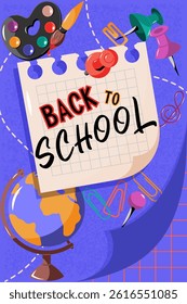 Modern background on school theme. Poster with school supplies, concept of education and knowledge, back to school, university. Ideal for web ads, flyers, banners, discounts and sales.