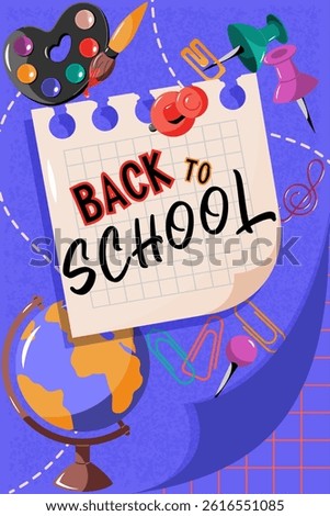 Modern background on school theme. Poster with school supplies, concept of education and knowledge, back to school, university. Ideal for web ads, flyers, banners, discounts and sales.