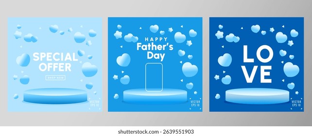 Modern background pattern. Blue Heart, Love concept. Theme of happy mother's and father's day. Template set for social media, banner, book cover, webdesign, presentation,brand identity.