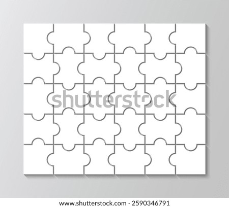 Modern background with puzzle shapes. Mosaic silhouette with 30 details. Jigsaw pieces grid. Cutting template. Scheme of thinking game. Simple frame tiles. Vector illustration