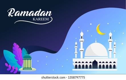 Modern background of Ramadan Kareem flat design vector for Islamic holiday, culture, traditional greeting with mosque and gradient vector.