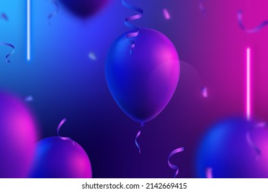 Fondo moderno con globos realistas, lámparas de confeti y neón. Banner vectorial para publicidad y marca. Ilustración vectorial.