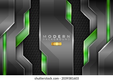Tecnología realista de fondo moderno sobrepasada 3D Metálica brillante verde y gris
