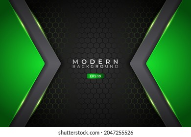 Modern Background Realistic Technology Overlapped Arrow Glowing Green Metallic with Hexagon Pattern