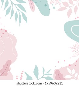 Modern background with shapes and leaves. Abstract art painting with pastel colors and hand draw line.