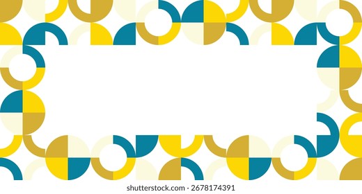 Um fundo moderno com um quadro sólido de formas geométricas arredondadas e interconectadas e linhas em azul, amarelo e creme, em torno de um grande espaço branco