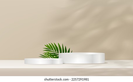 Fondo moderno Paso Podio con hojas de coco en la pared Beige,Pantalla 3D con luz superpuesta de hojas de ramas en la pared de cemento,Vector Fondo del producto para primavera,Presentación orgánica de verano