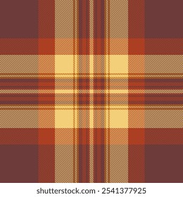 Tecido de fundo moderno xadrez, tecido vetor de tartan sem costura. O padrão da sala de estar verifica a textura do tecido na paleta de cores vermelho e âmbar.