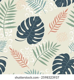 Modern background with tropical elements: large green leaves and delicate plant patterns, implemented on a neutral backdrop with abstract accents.