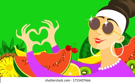 Modern background. Vector. Bright summer illustration. Joyful girl surrounded by fruits shows her heart with fingers.