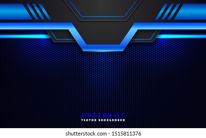 Modern background vector on dark space. Abstract metallic black blue frame layout modern tech design template. Overlap layers 3D effect with blue light decoration.