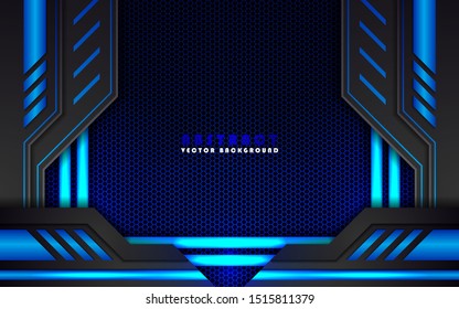 Modern background vector on dark space. Abstract metallic black blue frame layout modern tech design template. Overlap layers 3D effect with blue light decoration.