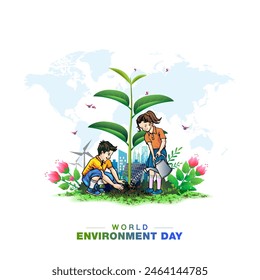 Fondo moderno del día mundial del medio ambiente. 2 niños plantando árboles verdes. Cuidado y salvación del medio ambiente terrestre. Ilustración vectorial