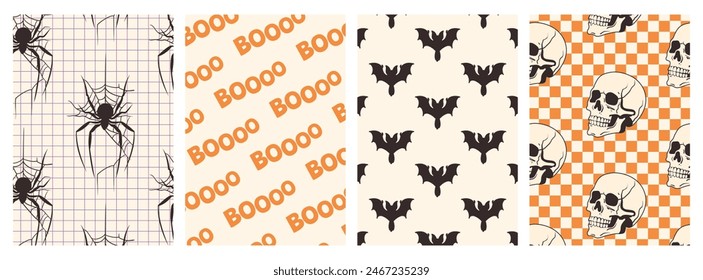 Modern backgrounds for Halloween with spiders, boo, bats, and skulls. Abstract Halloween banners for social media, content decoration, background. Halloween cover. Abstract skulls on a chessboard