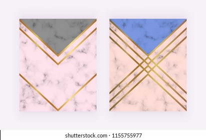 Modern backgrounds with marble, geometric design, golden lines, triangular shapes. Templates for invitation, wedding, placard, birthday, brochure, banner, cover, layout, card, flyer.
