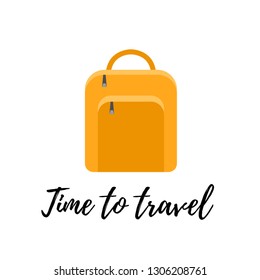 Modern backpack or rucksack in trendy style isolated on white background. Time to travel motivational slogan. Touristic bag, travel accessory. Colorful vector illustration
