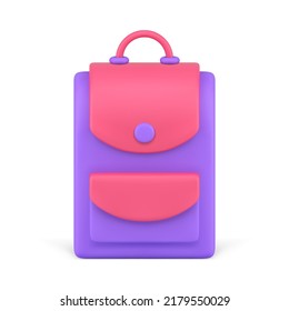 Mochila moderna lumochila elegante escuela diseño color púrpura rosa frontal visión realista 3d icono de ilustración vectorial. Camiseta de aventuras para caminatas para llevar cosas personales... suministros educativos a la espalda.