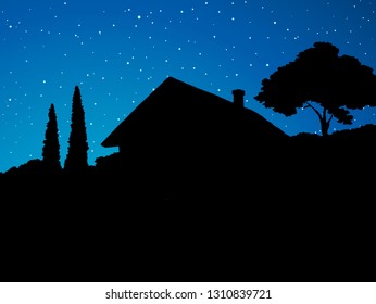 Modern backyard romantic scenic country view. Old farmstead abode edifice estate build scene. Black draw picture symbol in art retro contour graphic style. Space for text on blue nightfall moon heaven