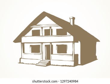 Modern backyard scenic view with new build farmstead abode edifice design. Freehand linear black ink hand drawn picture plan sketchy in art retro doodle style with space for text on white sky backdrop