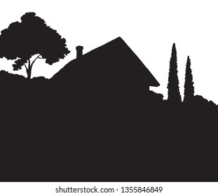 Modern backyard scenic view with new build farmstead abode edifice design. Dark ink hand drawn picture logotype emblem in art retro print style with space for text on light sky backdrop