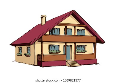 Modern backyard scenic view with new big build farmstead abode edifice design. Bright yellow color hand drawn picture plan sketchy in art retro doodle style with space for text on white sky backdrop