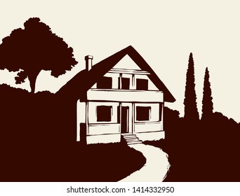 Modern backyard scenic view with new build farmstead abode edifice design. Freehand linear black ink hand drawn picture plan sketchy in art retro doodle style with space for text on white sky backdrop