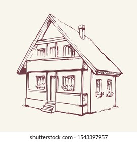 Modern backyard scenic view with new build farmstead abode edifice design. Freehand linear black ink hand drawn picture plan sketchy in art retro doodle style with space for text on white sky backdrop