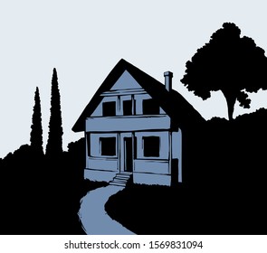 Modern backyard scenic view with new build farmstead abode edifice design. Freehand linear black ink hand drawn picture plan sketchy in art retro doodle style with space for text on white sky backdrop