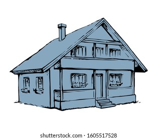 Modern backyard scenic view with new build farmstead abode edifice design. Freehand linear black ink hand drawn picture plan sketchy in art retro doodle style with space for text on white sky backdrop