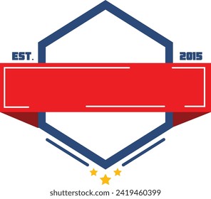 Modern badge design with hexagon shape, stars, and blank ribbon for text. Corporate logo template featuring geometric style, establishment year.