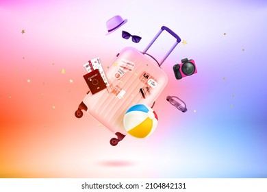Modern bag with different travel stuff. Levitation effect. 3d vector illustration