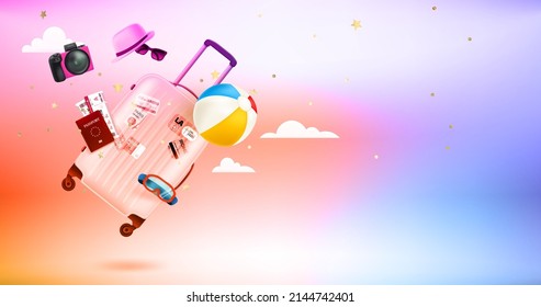 Modern bag with different travel stuff. Levitation effect. 3d vector banner with copy space