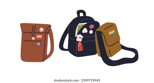 Modern bags and backpacks decorated with abstract stickers, badges, tags. Trendy customized teen packs with craft decorations, ornaments. Flat vector illustration isolated on white background