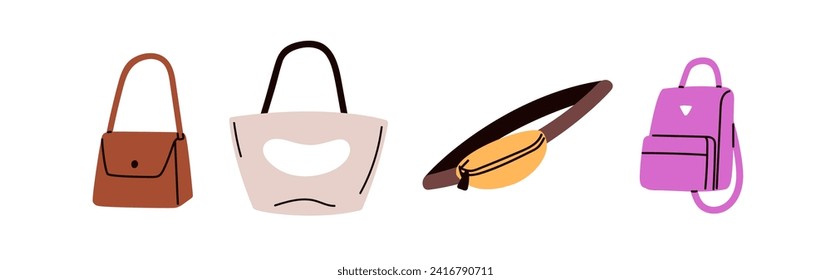 Modern bags set. Purse on strap, tote, crossbody on belt, small backpack in trendy style. Women totebag, stylish cross-body, rucksack. Flat vector illustrations isolated on white background