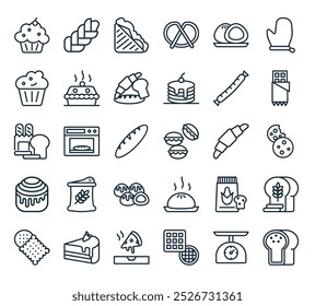 modern bakery icon pack. perfect for linear ui designs featuring vector loaf, kitchen scale, waffle, pizza, cake and more icons.