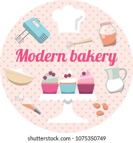 Modern bakery label with cupcakes, baking ingredients and utensils, culinary bag, mixer, bowl, eggs, chief hat. Round sticker. Flat design.