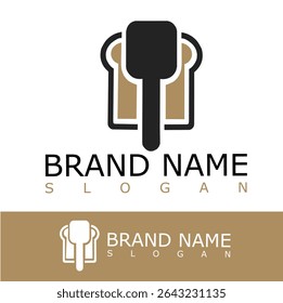 Modern bakery logo featuring a slice of bread and a spatula icon in brown and black. Perfect for bakeries, cafes, pastry shops, or food-related businesses