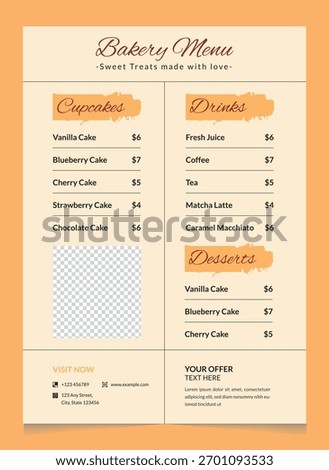 Modern Bakery Menu Template Sweet Treats and Dessert Menu Design A4 Print Ready