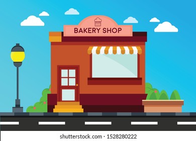 Modern Bakery Shop buildings, illustration of exterior facade store building.