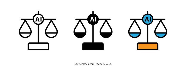 Icono moderno de la escala de equilibrio con el texto de la IA en el centro. Concepto de ética de inteligencia artificial, equidad algorítmica y regulaciones legales.