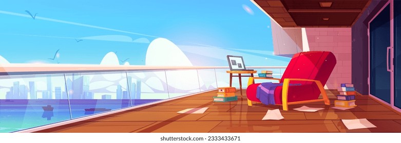 Modern balcony with city and seascape view. Vector cartoon illustration of spacious terrace with comfortable armchair, laptop on table, piles of books and papers on floor, messy freelance workspace