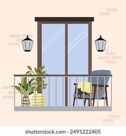 Modern balcony with cozy chair. Apartment building facade. Chair with pillows, potted plants. Flat style. Vector illustration