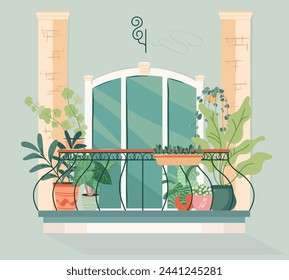 Modern balcony with green plants in pots. Cozy balcony garden with greenery Vector design of house and apartment building facade architecture element. Balcony retreat. Urban house jungle on veranda.