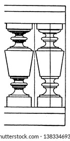 Modern Baluster, aesthetic, open, detail, lathe, turned, vintage line drawing or engraving illustration.