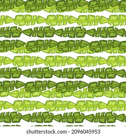 Modernes Bananenblattmuster mit handgezeichnet tropischem Druck. Sommerkunst, Naturhintergrund. Vektorgrafik für saisonale Stoffdrucke, Stoffe, Banner, Hintergründe und Wallpaper.