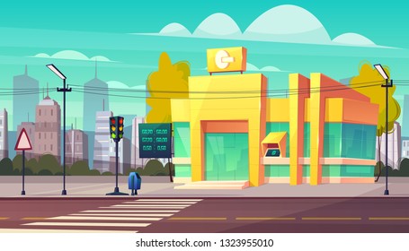 Modern bank branch with currency exchange rates digital indicator and ATM cash machine on entrance cartoon vector. Business real estate object, financial institute building on city street illustration