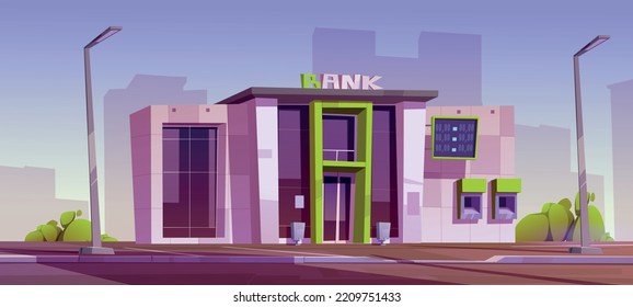 Modern bank building, financial branch on city street. Summer urban landscape with bank office exterior with ATM cash machines and currency exchange rates, vector cartoon illustration