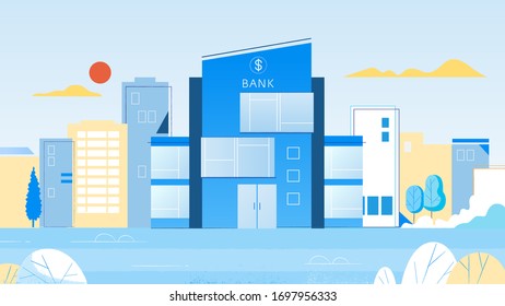 Modern bank building on a blue background.  Vector flat illustration.