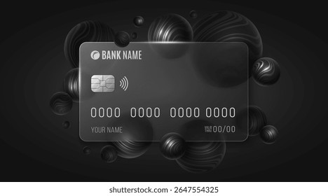 Modern bank card design with glass morphism effect and flying 3D spheres textured with shiny striped wavy pattern. Digital banking and contactless payments for FinTech backdrop. Vector illustration.